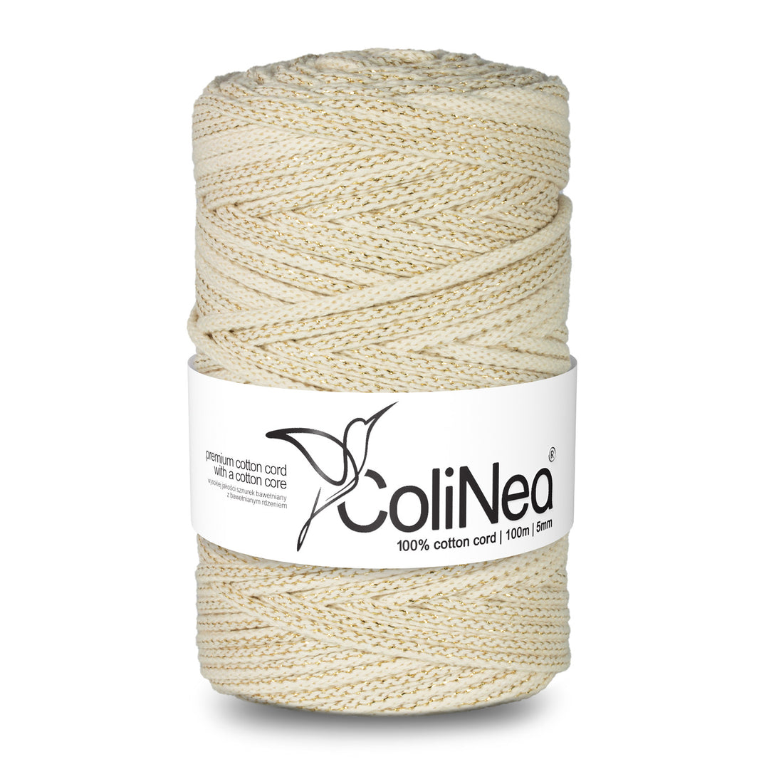 ColiNea Katoenen koord met katoenen kern 5mm 100m voor Macramé Tuinknutselen DIY Cadeaupapier Decoraties Ivoor met gouddraad