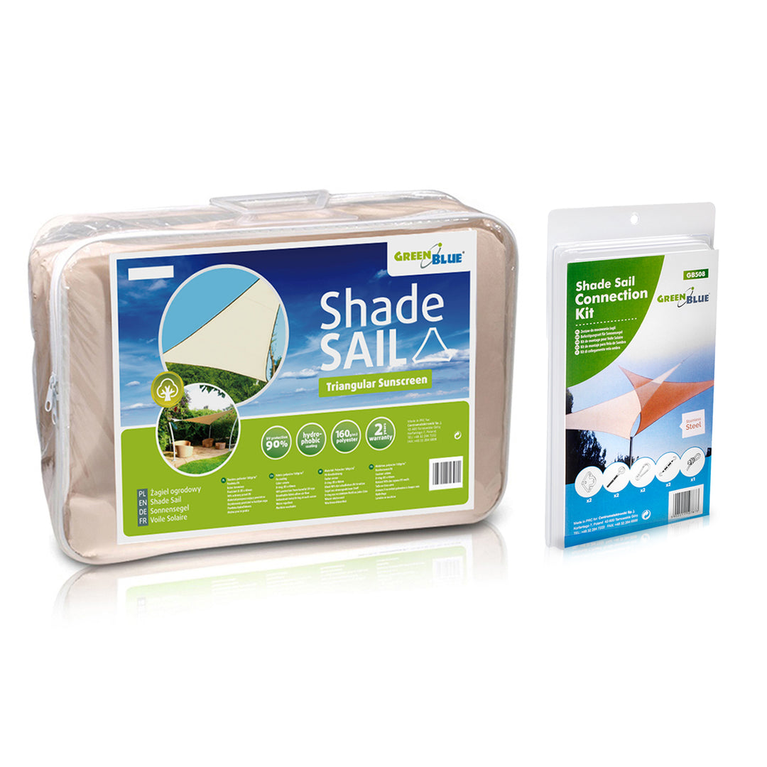 GreenBlue - Schaduwdoek - UV-schaduw tuinzeil - polyester - 3,6m - driehoek - crème en Universele Bevestigingset voor Schaduwdoeken