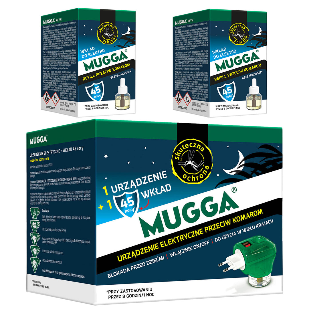 Elektrisch apparaat met Mugga 45 nachtmuggen navulling 35ml + 2x Mugga 45 nachtmuggen vloeistof navulling 35ml