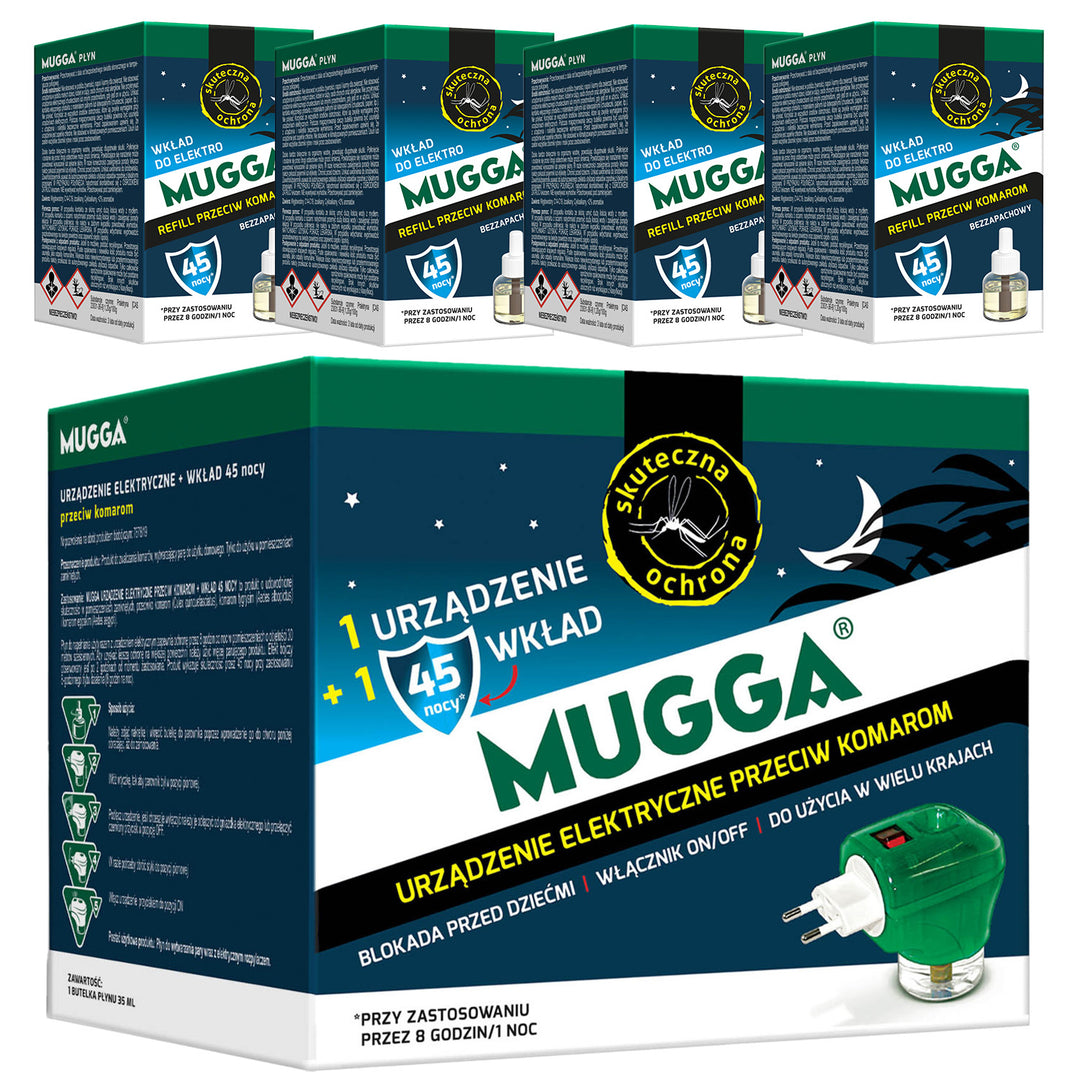 Elektrisch apparaat met Mugga 45 nights 35ml muggenspray navulling + 4x Mugga 45 nights 35ml muggenspray navulling