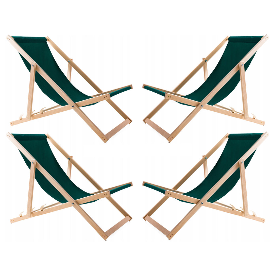 4 comfortabele houten ligstoelen, groen, ideaal voor het strand, balkon, terras