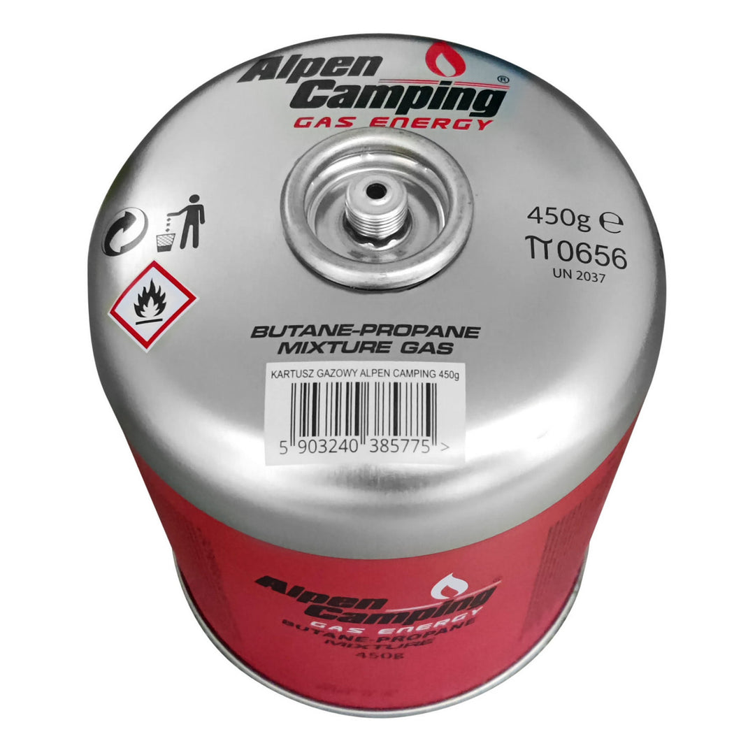 Gaspatroon 450g Alpen Camping, certificaat: Pi 0437, voldoet aan EN417, propaan-butaan, bereik -10°c tot + 40°c, 7/16" ventiel met schroefdraad IK020