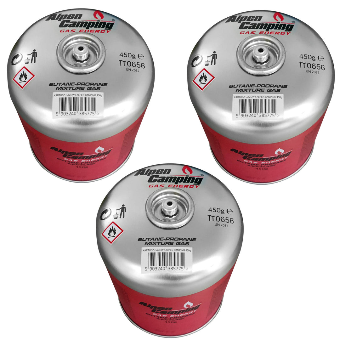 Alpen Camping 450g gaspatroon, certificaat: Pi 0437, voldoet aan EN417, propaan-butaan, bereik -10°c tot + 40°c, 7/16" ventiel met schroefdraad IK020, 3 stuks.
