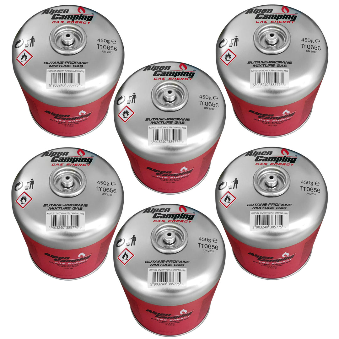 Gaspatroon 450g Alpen Camping, certificaat: Pi 0437, voldoet aan EN417, propaan-butaan, bereik -10°c tot + 40°c, 7/16" ventiel met schroefdraad IK020, 6 stuks