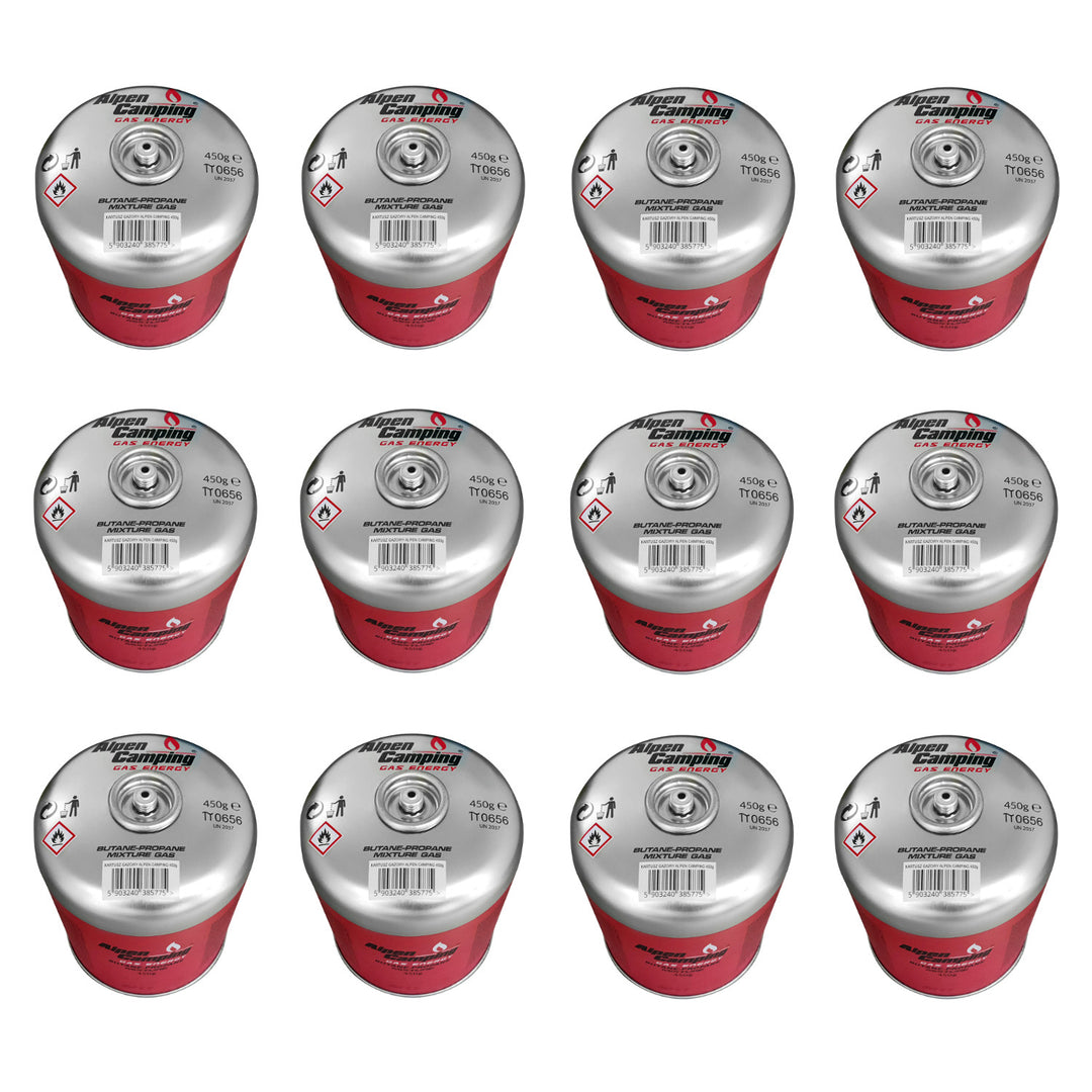 Alpen Camping 450g gaspatroon, certificaat: Pi 0437, voldoet aan EN417, propaan-butaan, bereik -10°c tot + 40°c, 7/16" ventiel met schroefdraad IK020, 12 stuks