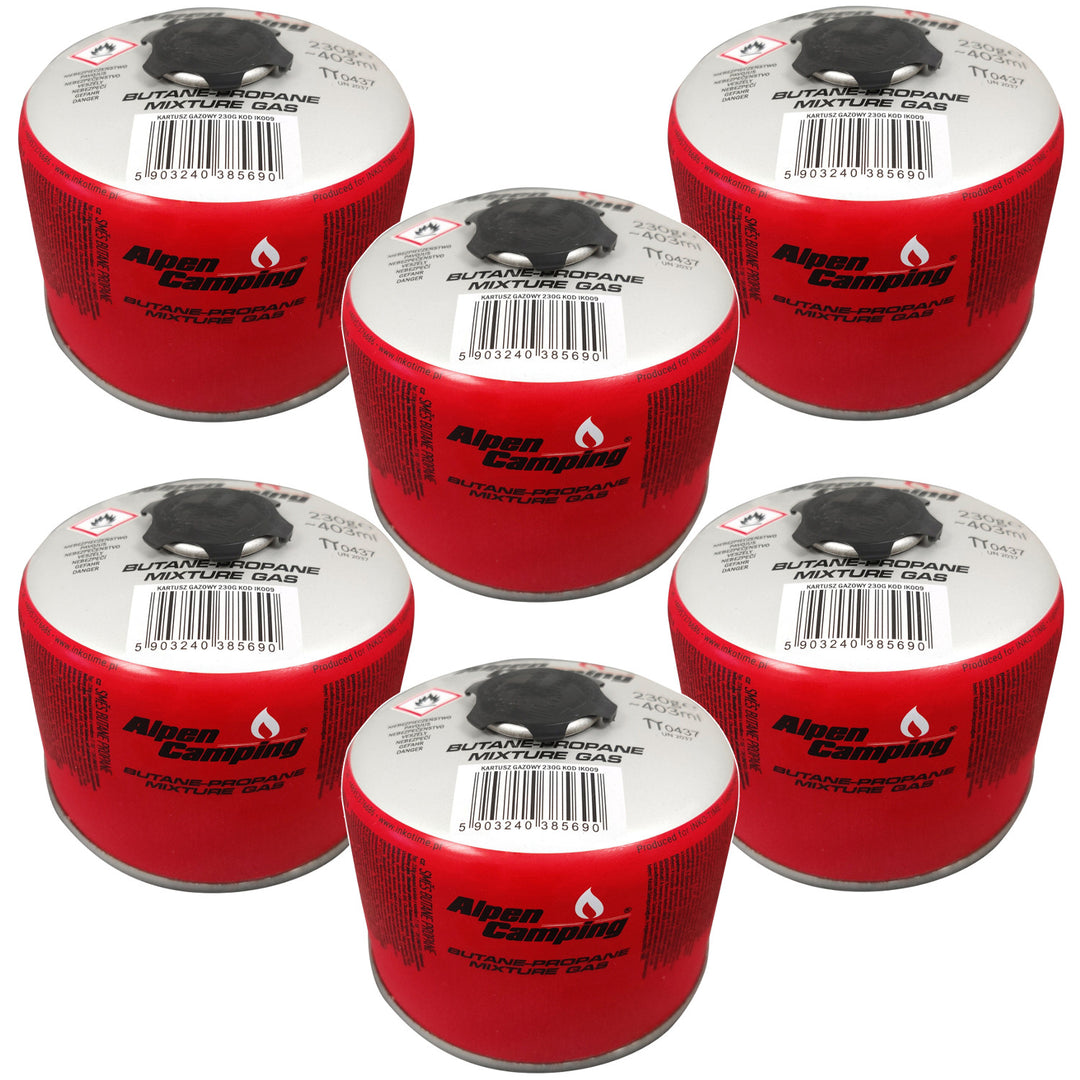 Gaspatroon 230g Alpen Camping, certificaat: Pi 0656, voldoet aan EN417, propaan-butaan, bereik -10°c tot + 40°c, 7/16" ventiel met schroefdraad IK009, 6 stuks.
