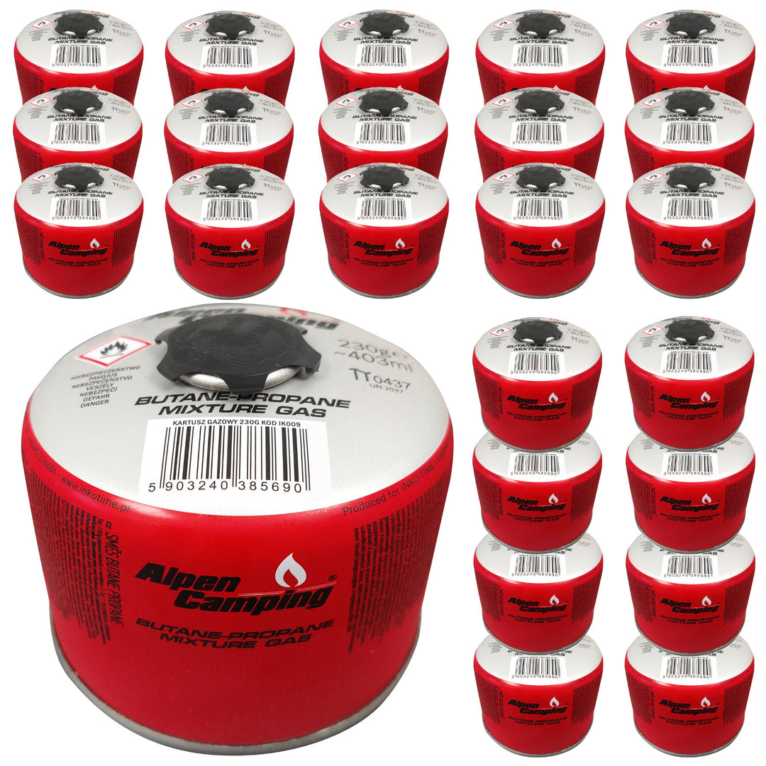 Gaspatroon 230g Alpen Camping, certificaat: Pi 0656, voldoet aan EN417, propaan-butaan, bereik -10°c tot + 40°c, 7/16" ventiel met schroefdraad IK009, 24 stuks