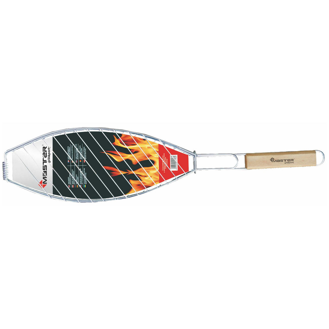 Master Grill & Party visrooster, verchroomd staal, houten handvat, 68cm, MG148A