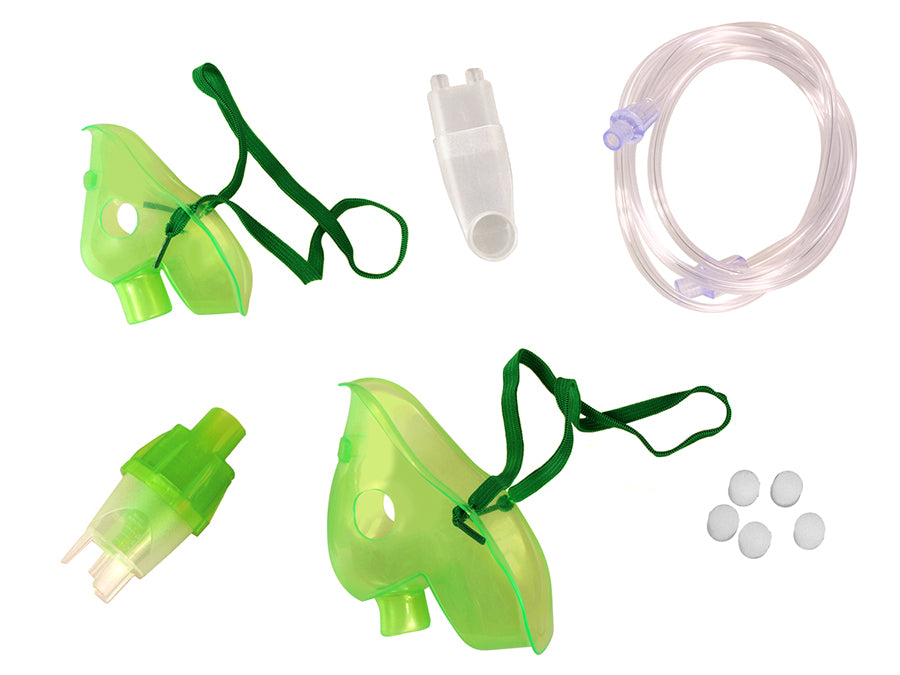 Een set maskers en accessoires voor groene Omnibus-inhalatoren