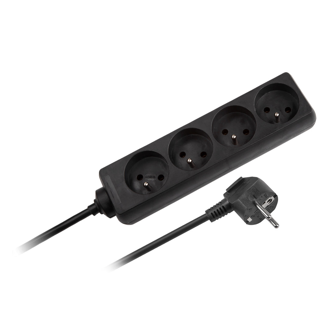 Verlengsnoer, 4 contactdozen, 3m, 1,5mm, Kemot, zwarte stekkerdoos