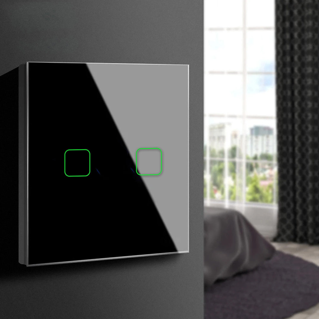 Aanraaklichtschakelaar van gehard glas met twee vierkante LED-verlichte knoppen Maclean Energy MCE703B