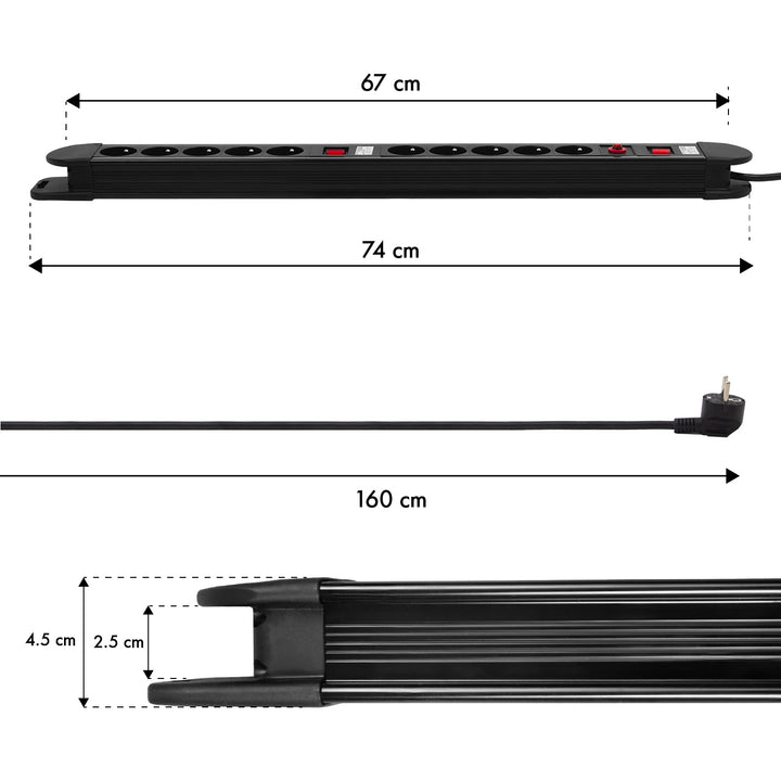 Maclean-stroomrail, verlengsnoer met 10 stopcontacten, 2 schakelaars, beveiliging en overbelastingssignalering, 3680 W, MCE10
