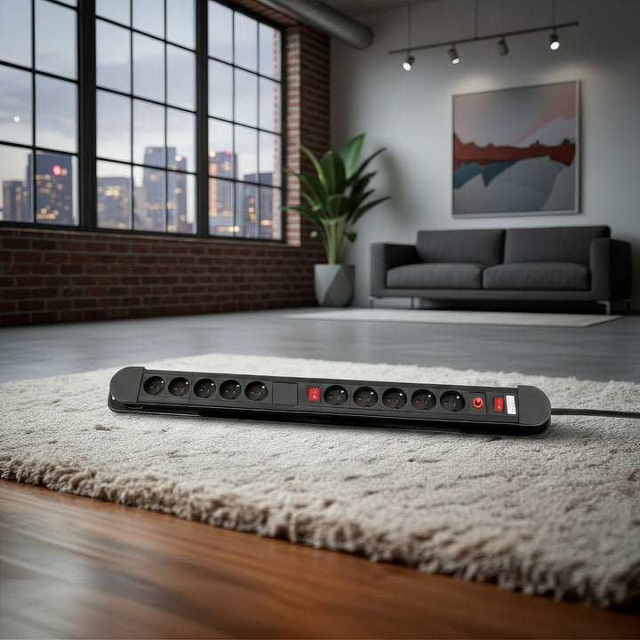 Maclean-stroomrail, verlengsnoer met 10 stopcontacten, 2 schakelaars, beveiliging en overbelastingssignalering, 3680 W, MCE10