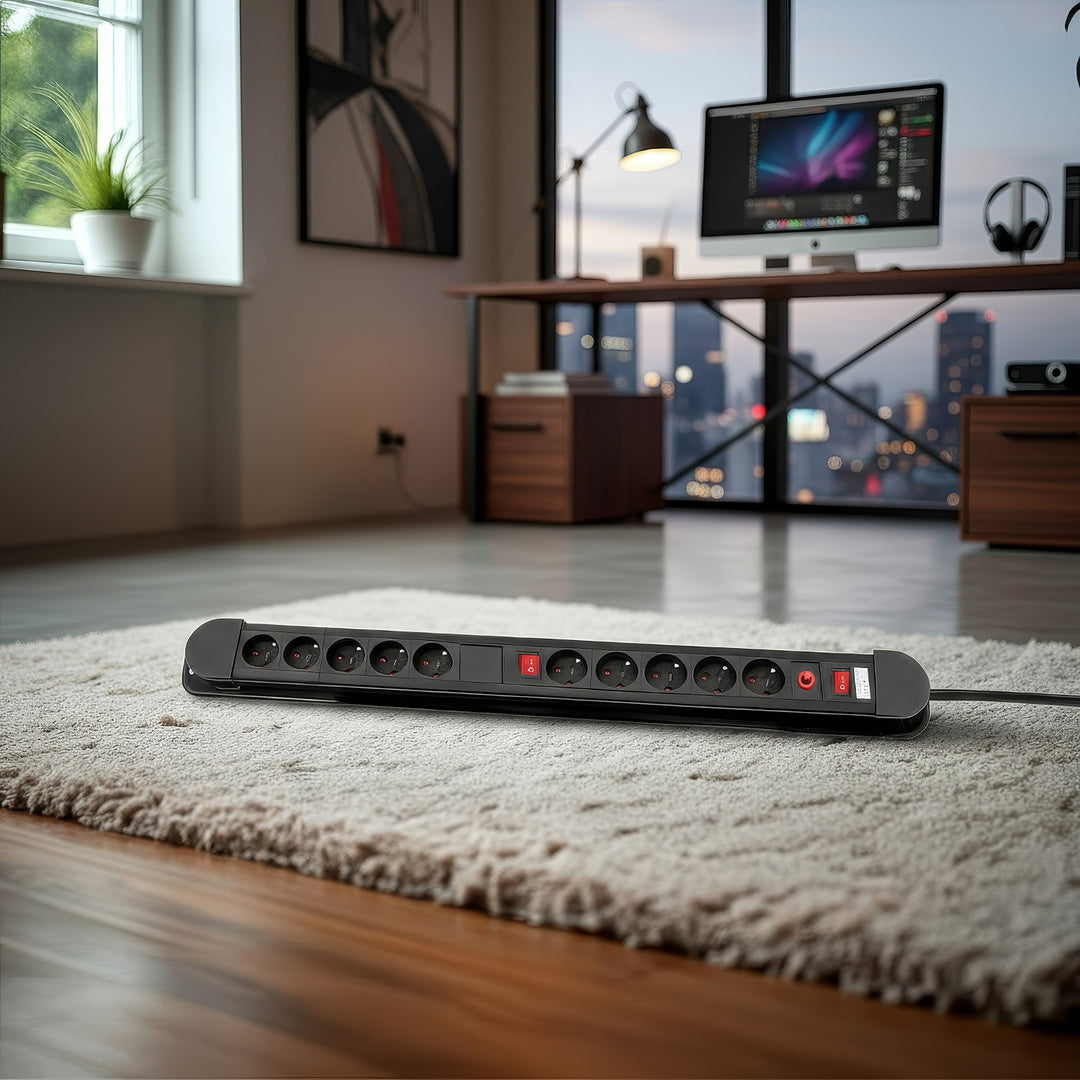 Maclean-stroomrail, verlengsnoer met 10 stopcontacten, 2 schakelaars, beveiliging en overbelastingssignalering, 3680 W, MCE10