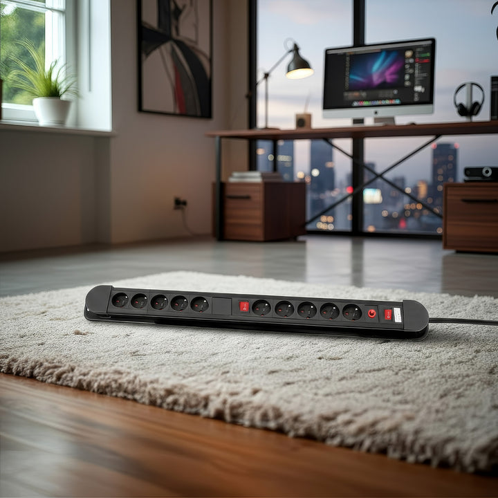 Maclean-stroomrail, verlengsnoer met 10 stopcontacten, 2 schakelaars, beveiliging en overbelastingssignalering, 3680 W, MCE10