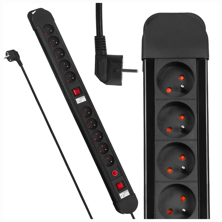 Maclean-stroomrail, verlengsnoer met 10 stopcontacten, 2 schakelaars, beveiliging en overbelastingssignalering, 3680 W, MCE10