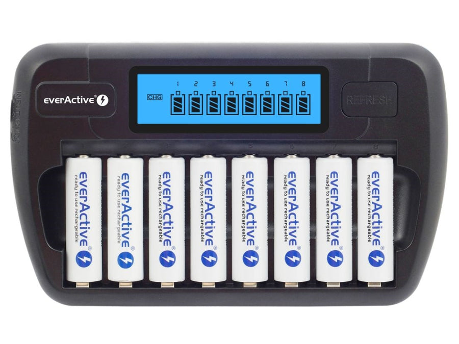 Batterijlader AA en AAA everActive, 8 kanalen, LCD-scherm, NC-800