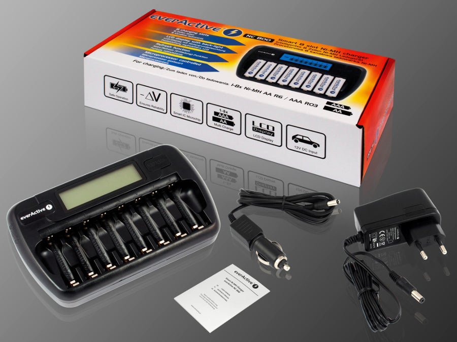 Batterijlader AA en AAA everActive, 8 kanalen, LCD-scherm, NC-800