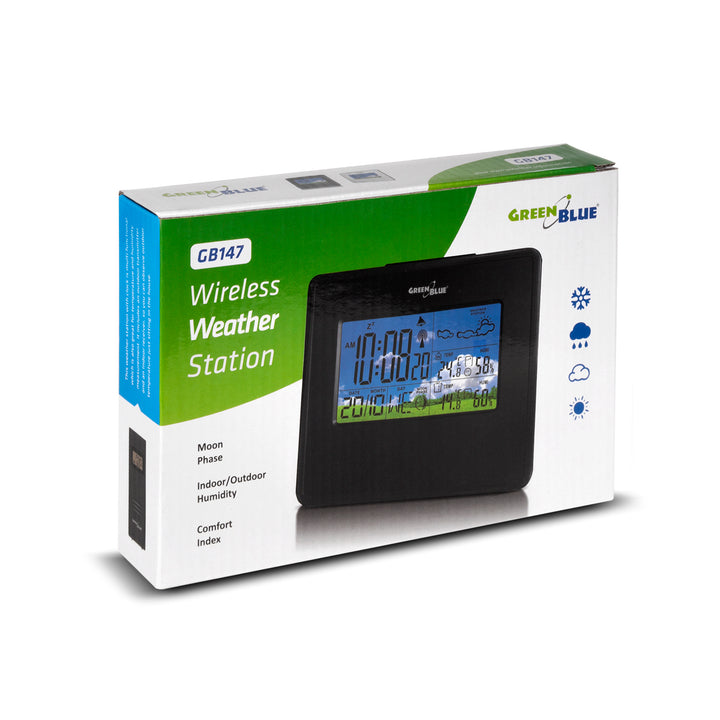Draadloos weerstation IN/OUT temperatuur vochtigheid maanfase Groenblauw GB147W wit