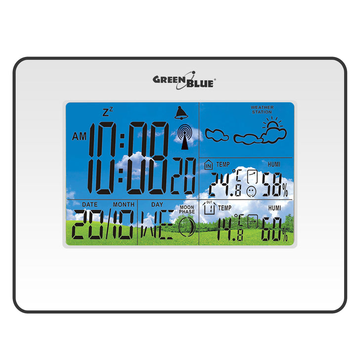 Draadloos weerstation IN/OUT temperatuur vochtigheid maanfase Groenblauw GB147W wit