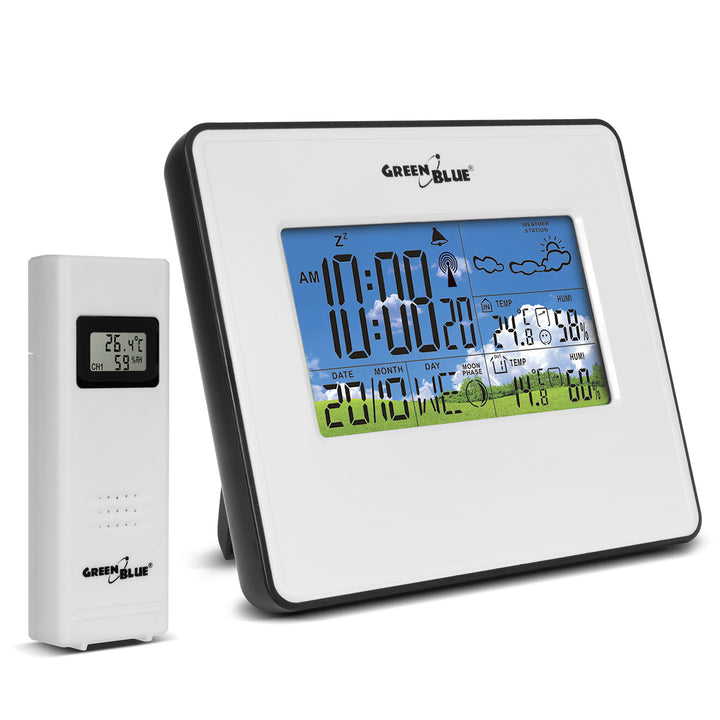 Draadloos weerstation IN/OUT temperatuur vochtigheid maanfase Groenblauw GB147W wit