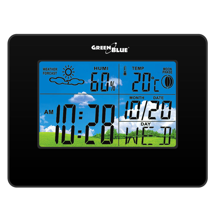 Weerstation klokkalender maanfase Groenblauw GB148B zwart