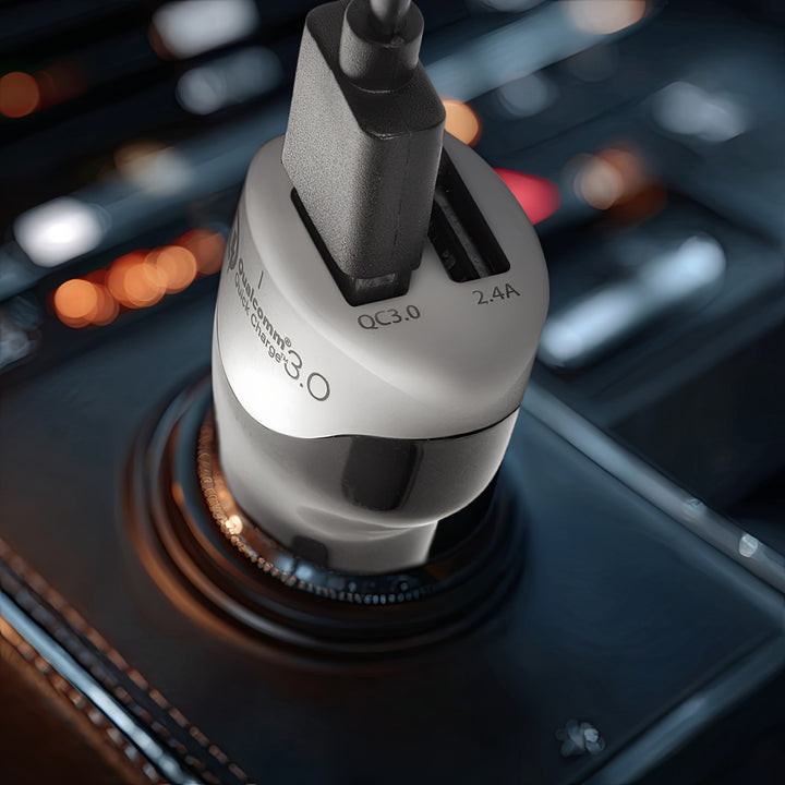 Autolader 2.4A 2xUSB-kabel Q.C3.0 1.5m Zilver Maclean Energy MCE157