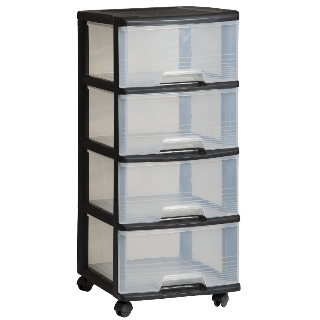 Curver-rek op wieltjes, kleur zwart, 4 doorzichtige lades van 20 l, wieltjes, 214756