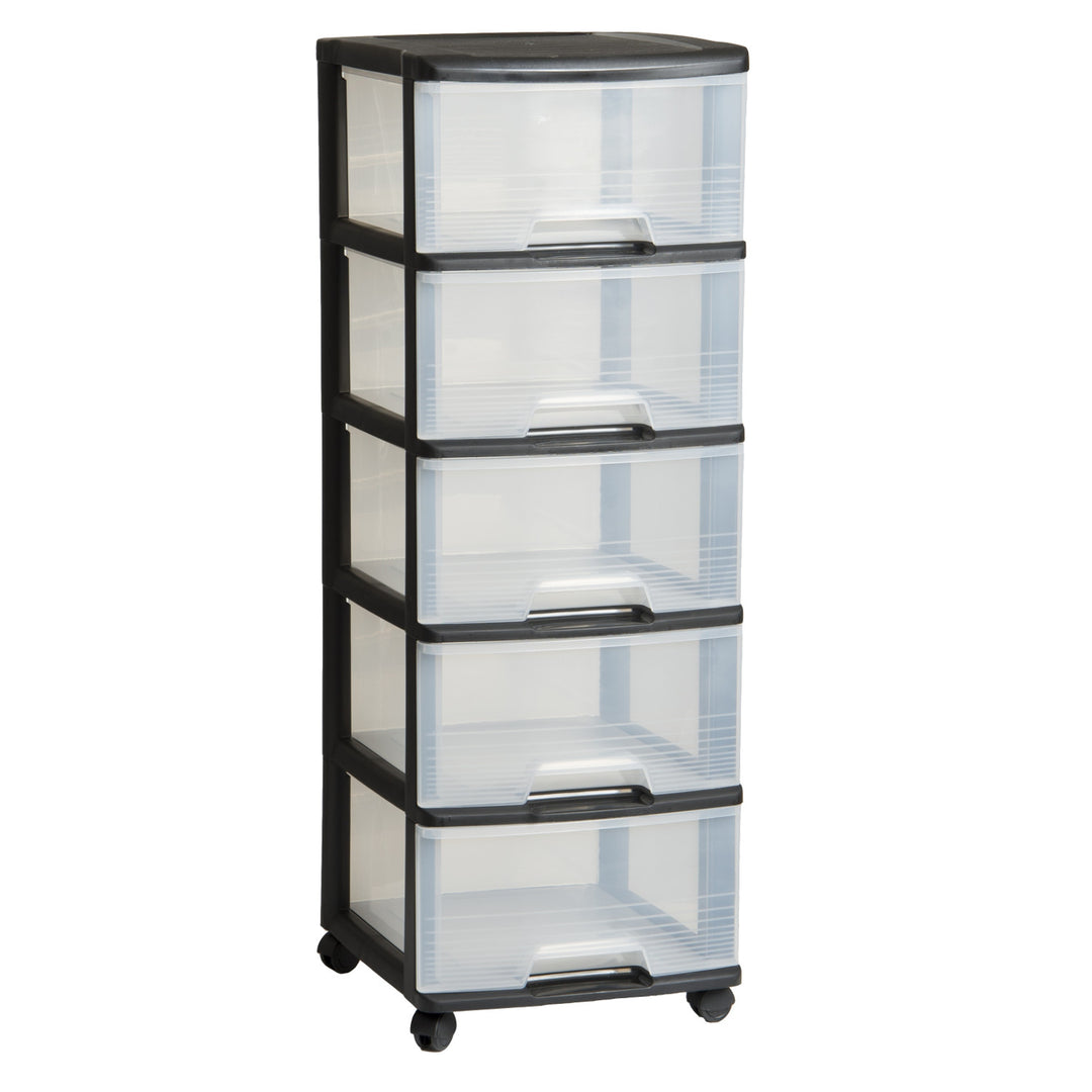 Curver-rek op wieltjes, kleur: zwart, 5 doorzichtige lades van 20 l, wieltjes, 214756