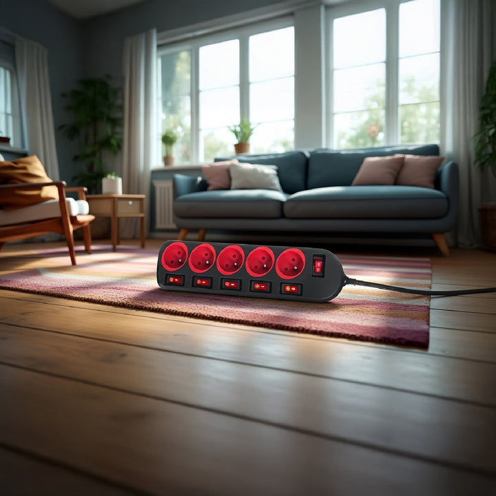 Maclean stekkerdoos, verlengkabel voor 5 stopcontacten, met schakelaars, 250VAC/10A, 1,5m, MCE204