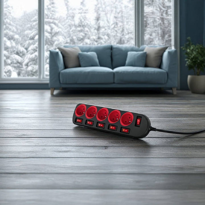 Maclean stekkerdoos, verlengkabel voor 5 stopcontacten, met schakelaars, 250VAC/10A, 1,5m, MCE204