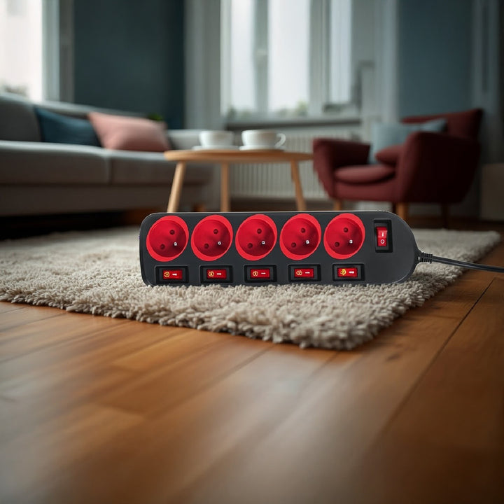 Maclean stekkerdoos, verlengkabel voor 5 stopcontacten, met schakelaars, 250VAC/10A, 1,5m, MCE204