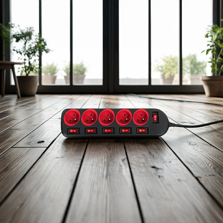 Maclean stekkerdoos, verlengkabel voor 5 stopcontacten, met schakelaars, 250VAC/10A, 1,5m, MCE204