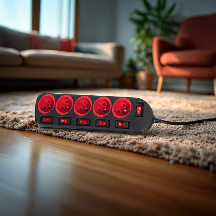 Maclean stekkerdoos, verlengkabel voor 5 stopcontacten, met schakelaars, 250VAC/10A, 1,5m, MCE204