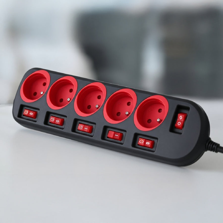 Maclean stekkerdoos, verlengkabel voor 5 stopcontacten, met schakelaars, 250VAC/10A, 1,5m, MCE204