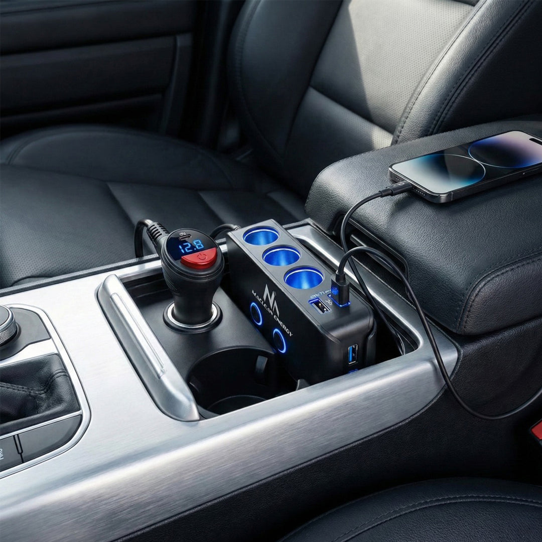 Sigarettenaansteker-matsplitser, voltmeter, 3 sigarettenaansteker-aansluitingen, 1xQuick Charge 3.0, 3xUSB 6.8A, 1x Power Delivery 18W, Maclean MCE218, Max 120W