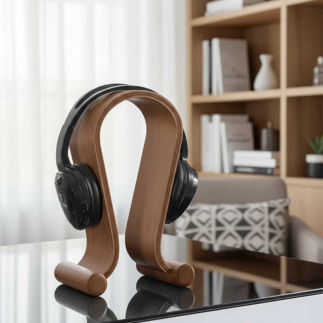 Maclean MC-815W Koptelefoonstandaard houten walnoot kleur