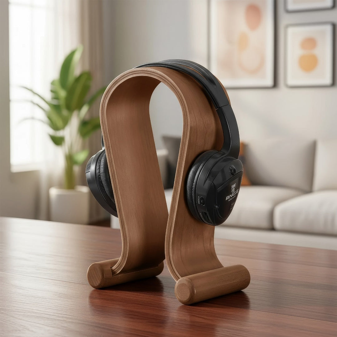 Maclean MC-815W Koptelefoonstandaard houten walnoot kleur