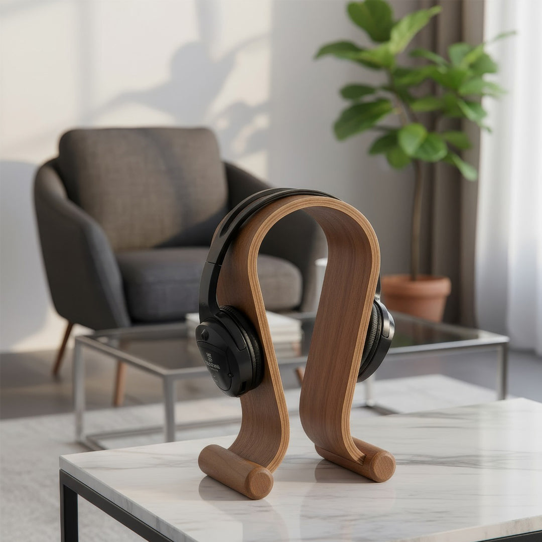 Maclean MC-815W Koptelefoonstandaard houten walnoot kleur