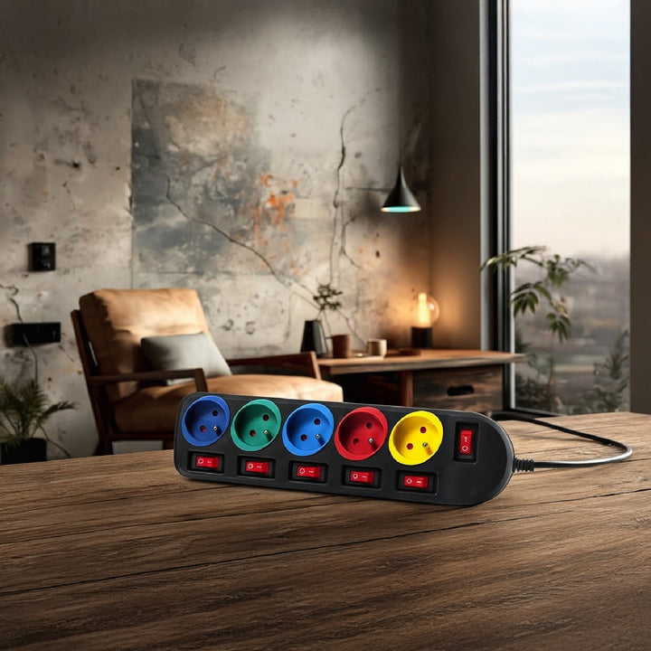 Verlengsnoer verlengsnoer 5 stopcontacten met schakelaars Maclean Energy MCE204M 250VAC / 10A 1.5m Meerkleurig