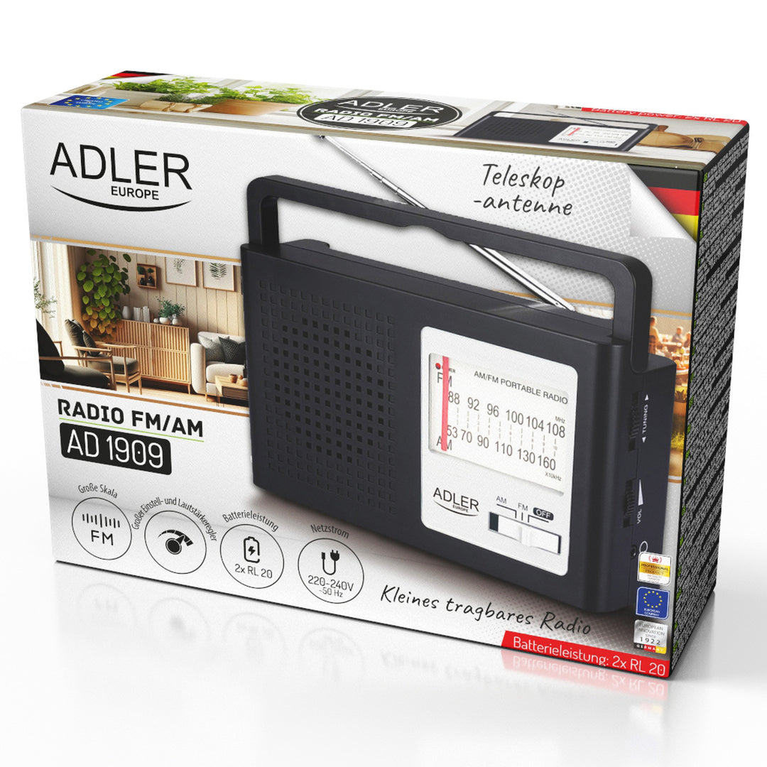 Adler - Radio - draagbare radio - AM en FM - Met antenne - voeding en batterij - AD 1909 - Zwart