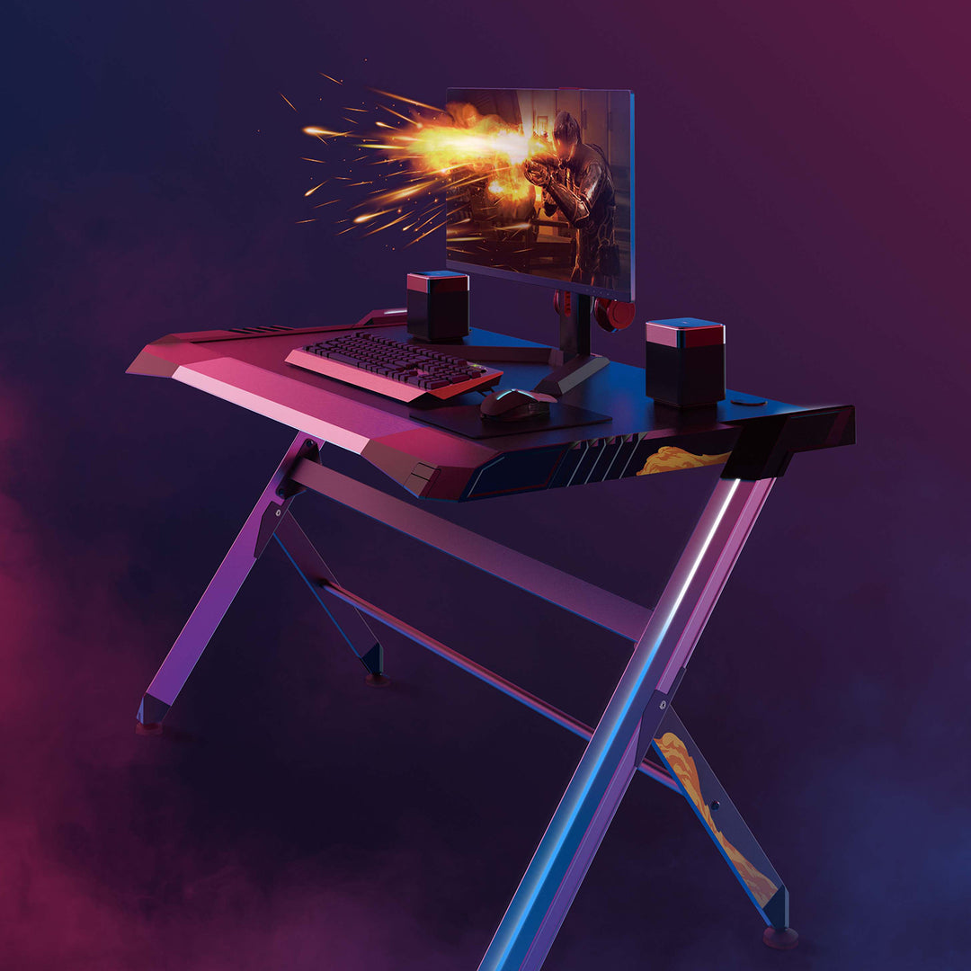 NanoRS - RS150 - Speeltafel met kleurrijke LED RGB-verlichting - Computertafel - Ergonomisch bureau - Kabelbeheersysteem - 129,5 x 72,5 cm tot 50 kg