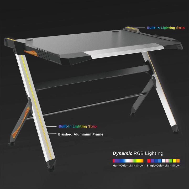 NanoRS - RS150 - Speeltafel met kleurrijke LED RGB-verlichting - Computertafel - Ergonomisch bureau - Kabelbeheersysteem - 129,5 x 72,5 cm tot 50 kg