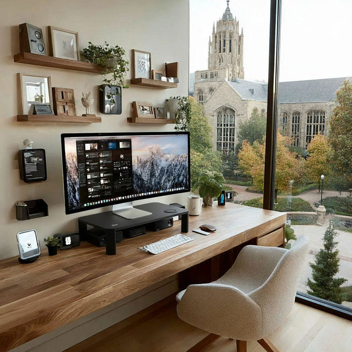 Ergo Office - In hoogte verstelbare schermstandaard met draadloze Qi-oplader voor monitoren 17"~32" tot max. 20kg