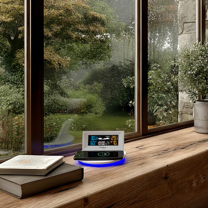 GreenBlue - Draadloos weerstation met draadloze Qi-oplader |  Mood Light Base -  Externe Sensor Binnen- en Buitenthermometer - Wit