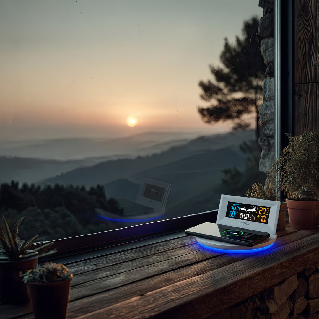 GreenBlue - Draadloos weerstation met draadloze Qi-oplader |  Mood Light Base -  Externe Sensor Binnen- en Buitenthermometer - Wit