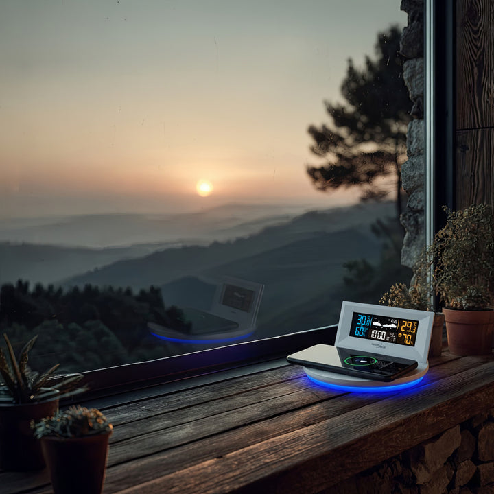 GreenBlue - Draadloos weerstation met draadloze Qi-oplader |  Mood Light Base -  Externe Sensor Binnen- en Buitenthermometer - Wit