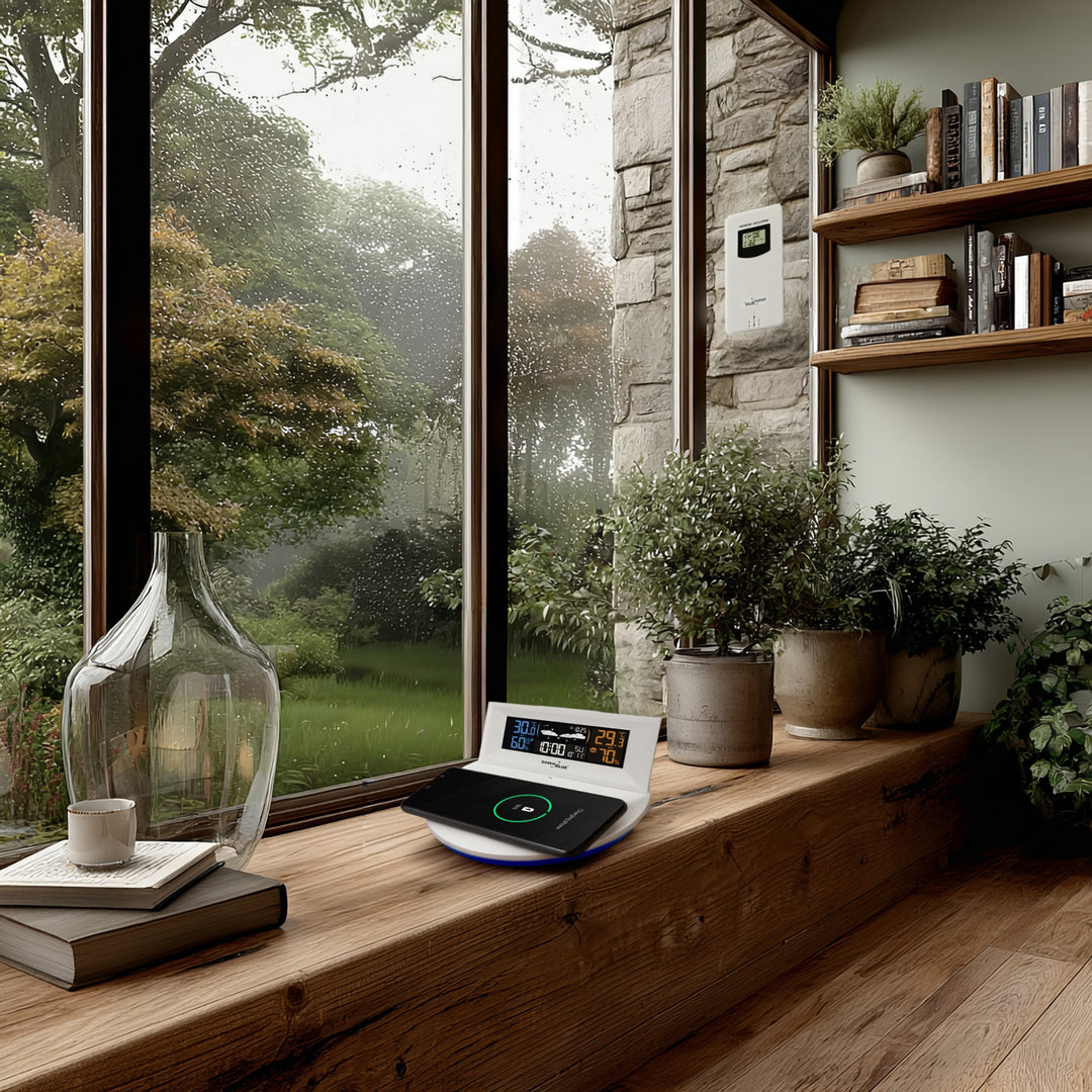 GreenBlue - Draadloos weerstation met draadloze Qi-oplader |  Mood Light Base -  Externe Sensor Binnen- en Buitenthermometer - Wit