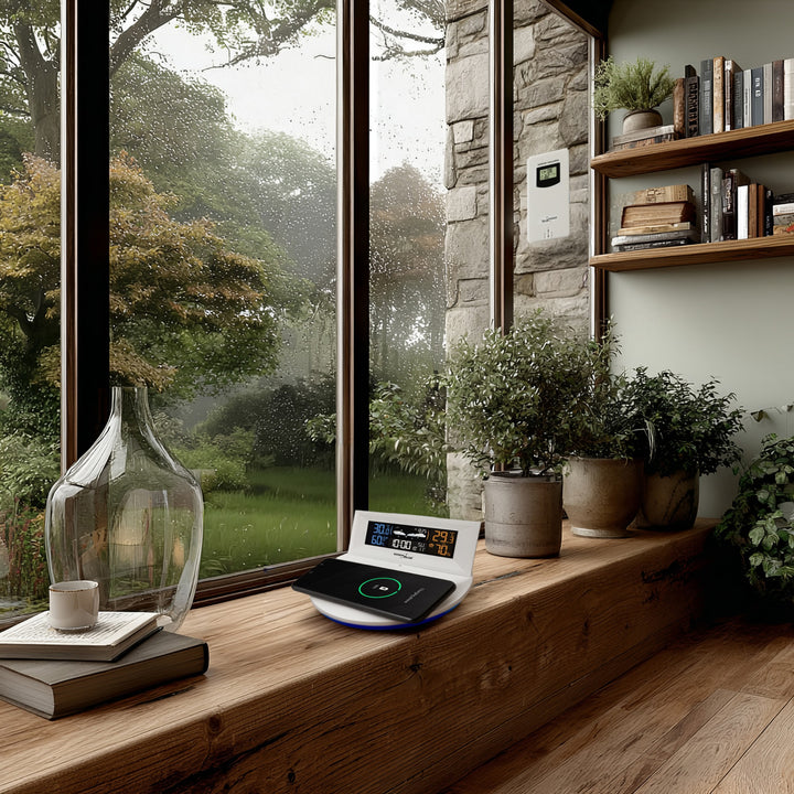 GreenBlue - Draadloos weerstation met draadloze Qi-oplader |  Mood Light Base -  Externe Sensor Binnen- en Buitenthermometer - Wit