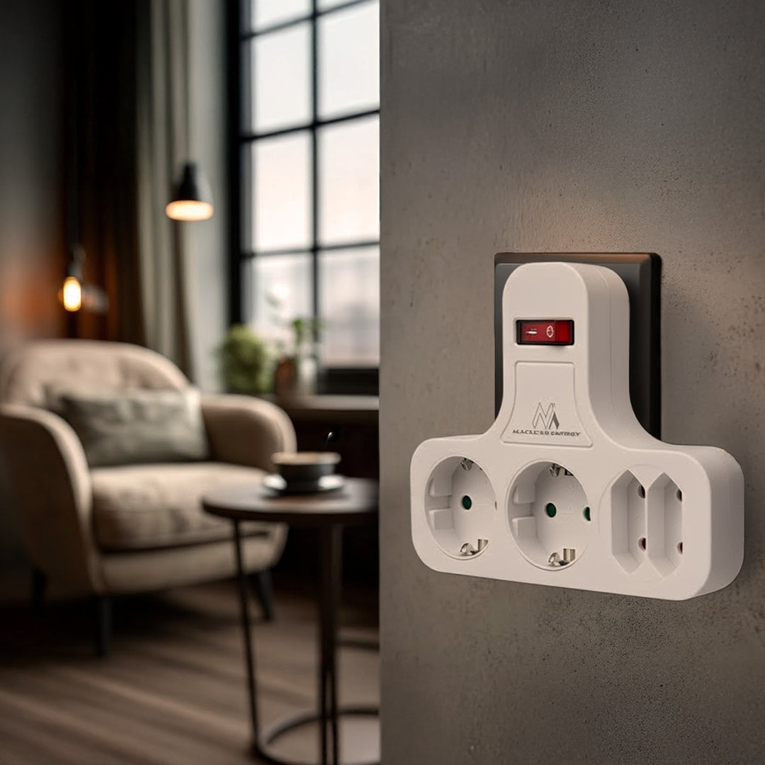 Maclean MCE224 Stopcontact Viervoudig met aan/uit schakelaar Stabilisatievoet Schuko type, 2x2.5A, 2x16A